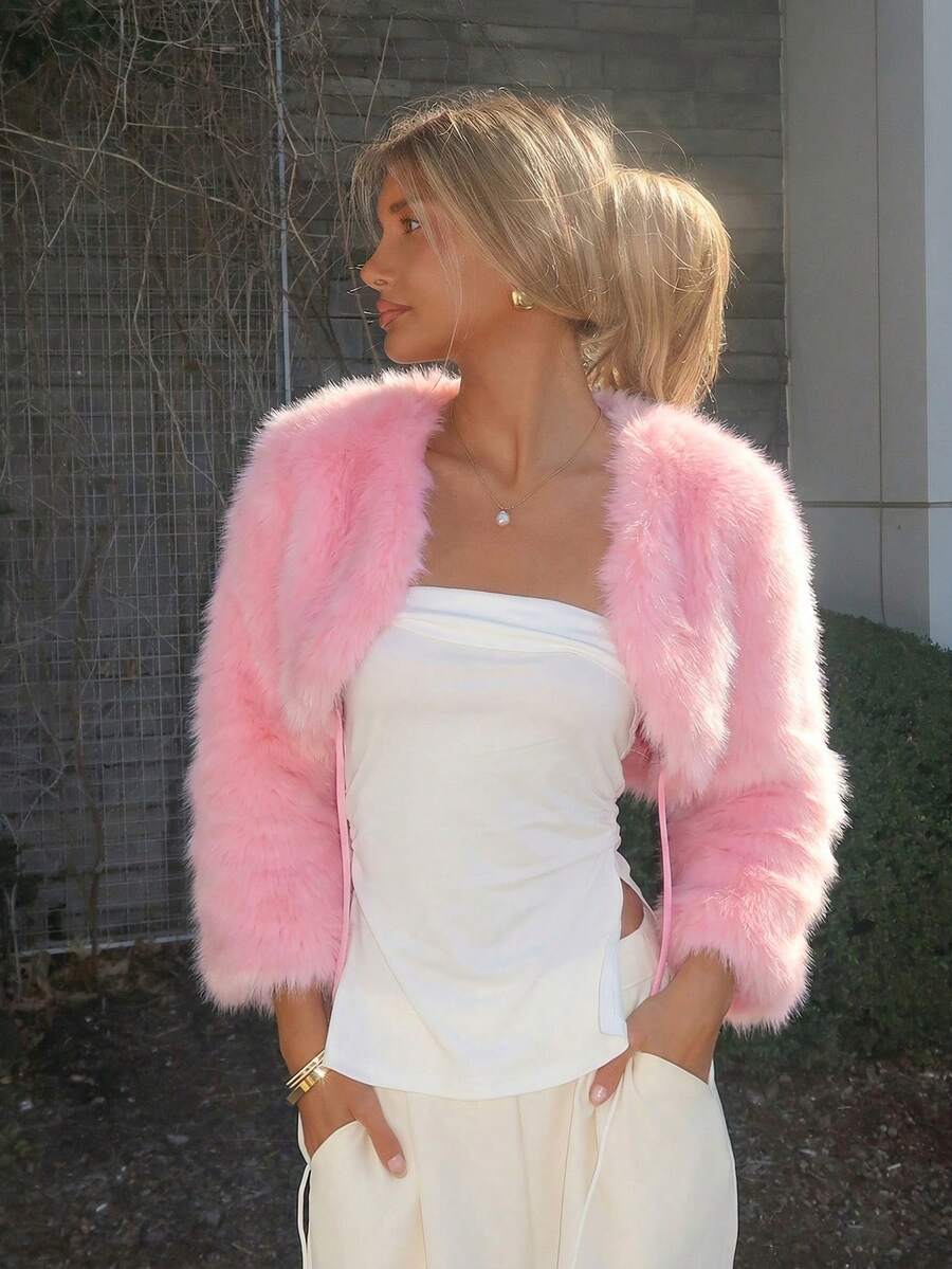 Sydney Algeri Sexy & Cute White Christmas Faux Fur Shawl Jacket, Autumn/Winter - Baby Pink - View 1