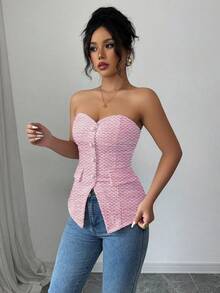 Rafferiza Women's Summer Pink Textured Bandeau Tight Crop Top With Pearl Button Detail - Hot Pink - View 3
