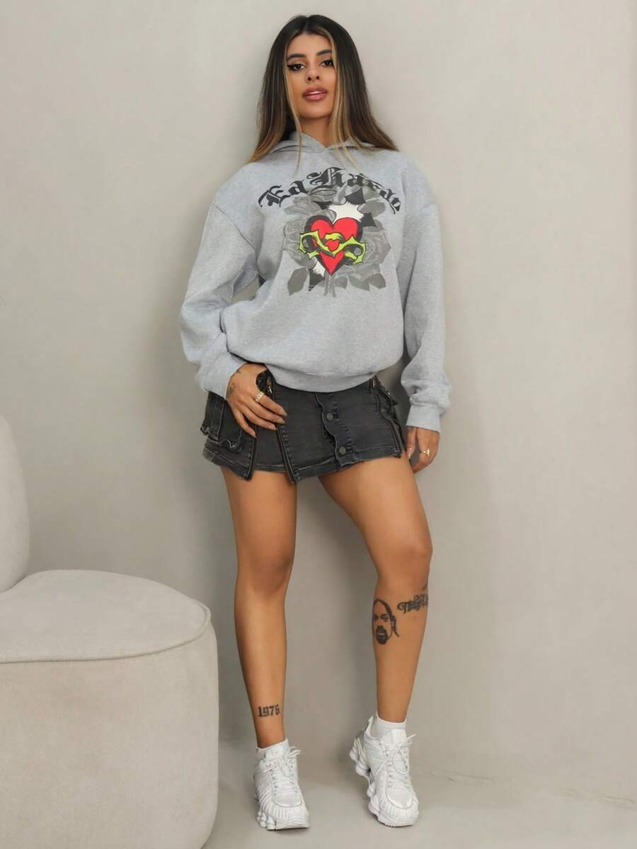 Rayane Ketlyn 女士休闲宽松字母爱心印花长袖卫衣，秋冬款 - 灰色 - 查看 1