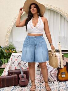 EMERY ROSE Plus Size Women's Non-Stretch Denim Bermuda Shorts, Summer Casual Loose Thin Vintage Washed Wide Leg Cropped Jeans - Light Wash - View 5