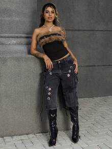 Rayane Ketlyn 街头朋克风做旧宽松超低腰女式牛仔七分裤 - 黑色 - 查看 6