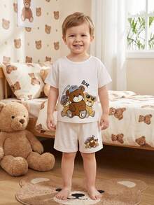 SHEIN 2pcs/Set Boys' Superhero Cartoon Pattern Loose Casual Short Sleeve Shorts Pajama Set, Summer - Multicolor - View 4