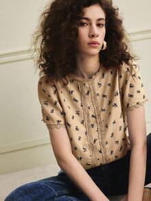 Écloséra 新款时尚优雅女士撞色蕾丝镂空提花花瓣袖衬衫，百搭春夏上衣 - 棕色 - 查看 1