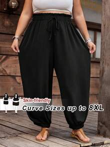 SHEIN CURVE+ Plus Size Women Solid Color Ruffle Waist Tie Ankle Pants - Black - View 8
