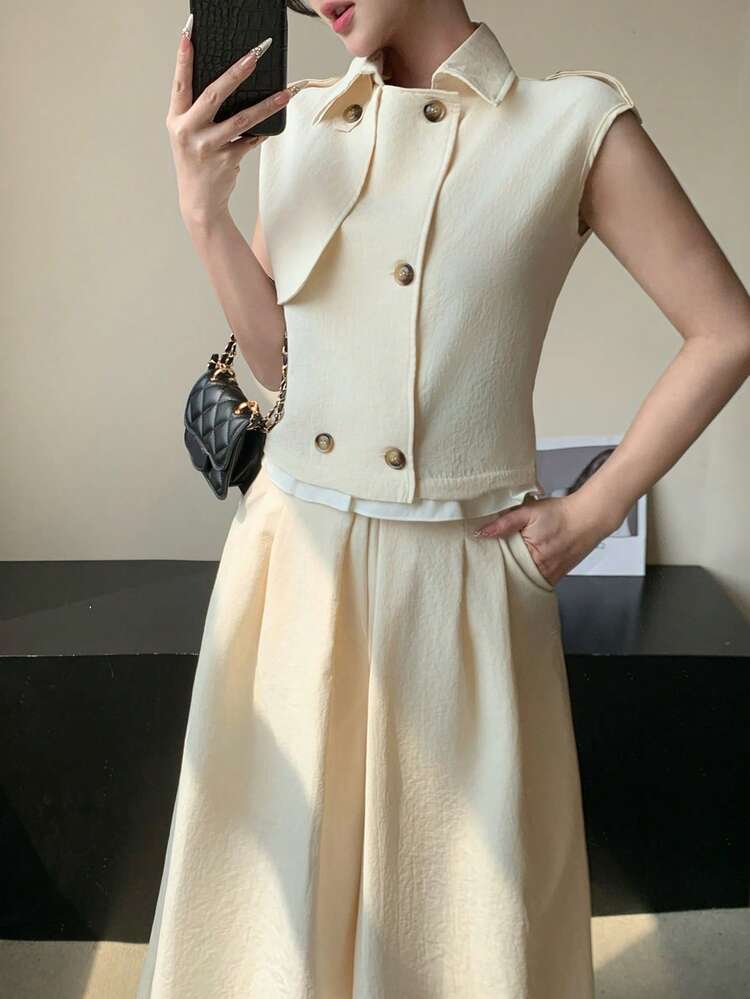 Women's Solid Color Double-Breasted Capped Sleeve Shirt And Pleated Mini Skirt 2 Pieces Set