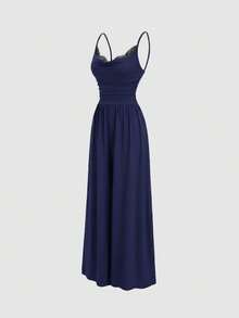Sweetra Y2K Sexy Lace Patchwork Spaghetti Strap Wide Leg Jumpsuit - Navy Blue - View 3