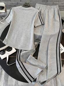 Resyla Striped Woven Belt, Embroidered Fashionable Minimalist Women's Round Neck Short Sleeve T-Shirt + Pants Set, Gift For Friends - Light Grey - View 2