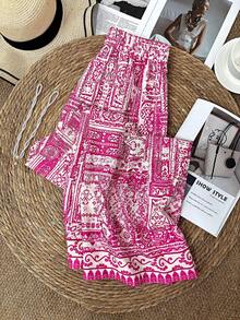 SHEIN Franclia Damen Urlaubsstil rosa Blume Muster Weite Hose, Frühling/Sommer - Pink - Übersicht 2