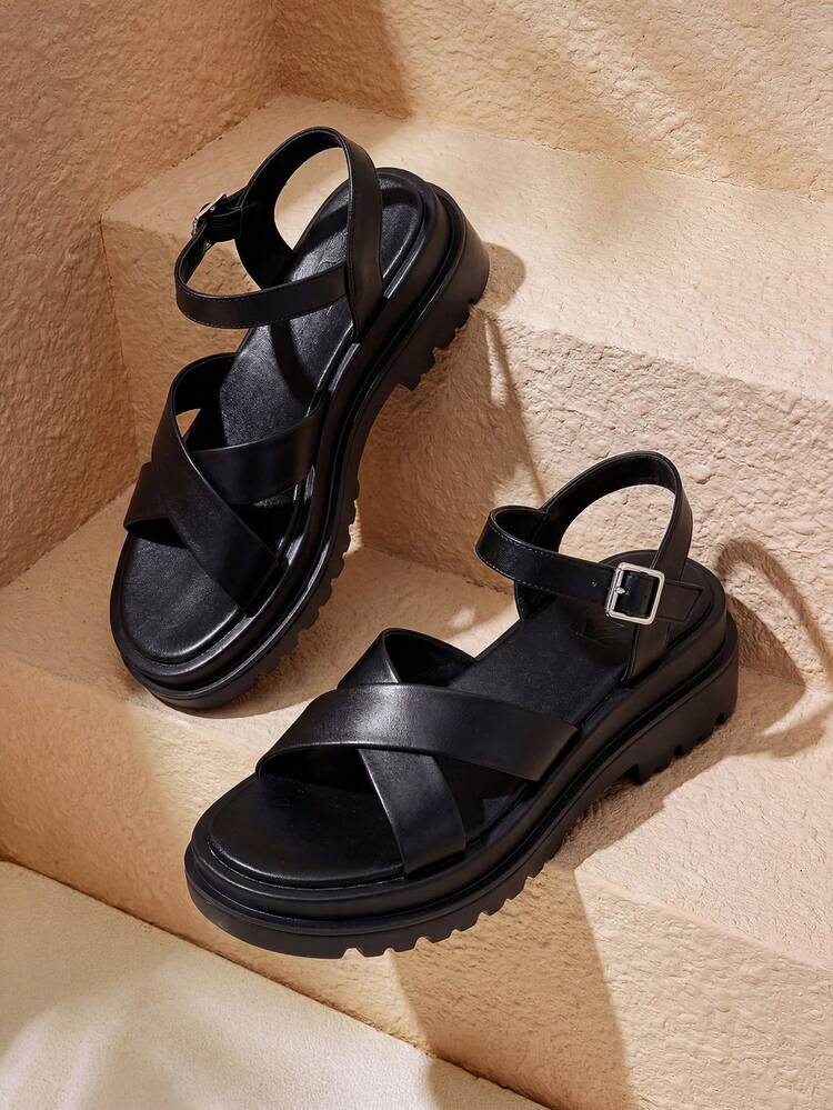 Woman Shoes Cross Strap Ankle Strap Punk Black Versatile Wedge Sandals For Spring And Summer Vacation Shoes Summer Christmas Fall New Year Holiday