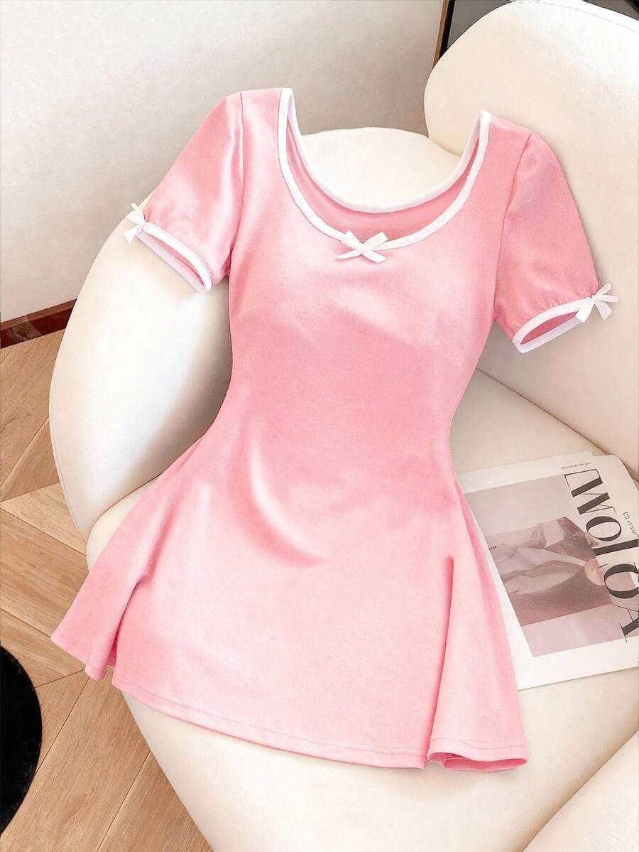 SHEIN Đầm dài thời trang tối giản đính nơ xinh xắn dành cho nữ - Hồng - Xem 1