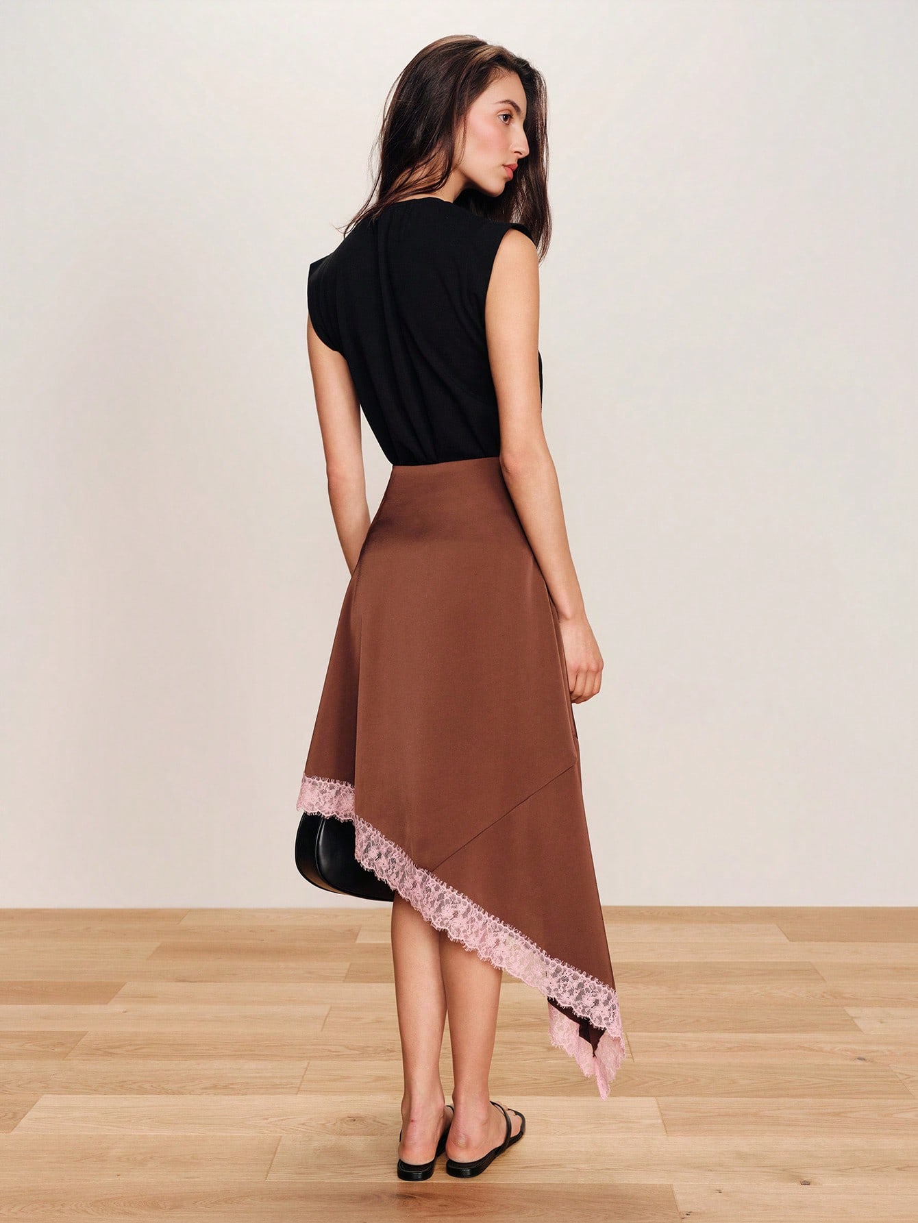 Chocolate Brown Satin Asymmetric Midi Skirt With Contrast Pink Lace Hem Going Out Satin Skirt Spring Summer French Style Parisian Style Casual Outfits