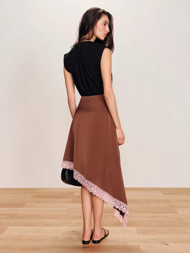 Chocolate Brown Satin Asymmetric Midi Skirt With Contrast Pink Lace Hem Going Out Satin Skirt Spring Summer French Style Parisian Style Casual Outfits