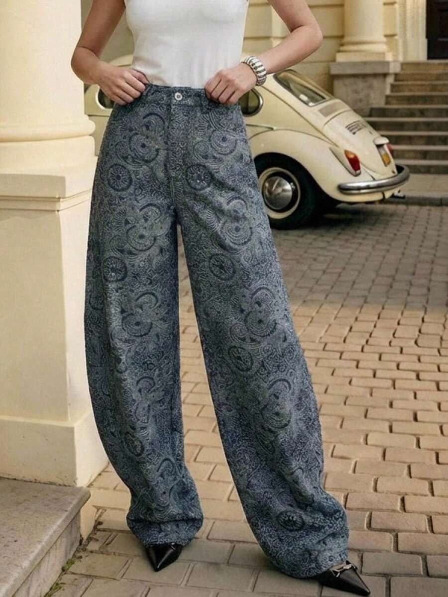 Anewsta 春夏提花水洗阔腿高腰显瘦喇叭牛仔裤（女款） - 藍色 - 查看 1