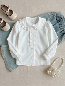 SHEIN 年輕女孩1件白色荷葉邊泡泡袖襯衫，返校季、大學風格、日常穿著 - 白色 - 查看 7