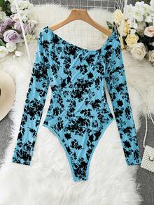 SHEIN Franclia Bodysuit Lengan Panjang Off-Shoulder Bermotif Beludru Bertekstur untuk Wanita - Biru - View 2