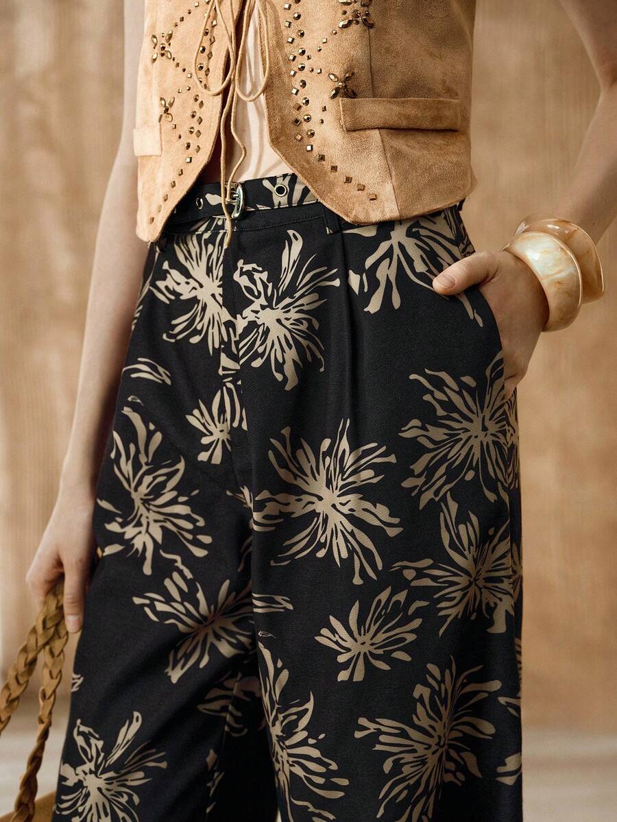 Aveloria Modichic Pantaloni casual pentru femei, cu imprimeu digital, talie regulată, croială dreaptă - Negru - Vizualizare 1