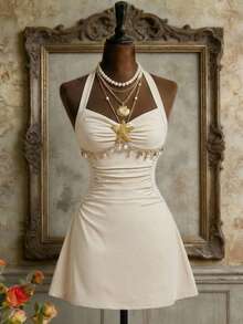 SHEIN MOD Halter Neck Starfish Metal Button Dress With Shell-Decorated Chain,Light Beige,Summer,Casual,Holiday,Vacation,Holiday,Western Style Vintage Dresses - Apricot - View 3