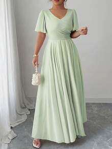 Elenzga Plus Size Women's V-Neck A-Line Chiffon Dress With Ruffle Sleeves, Simple Elegant And Romantic - Green - View 4