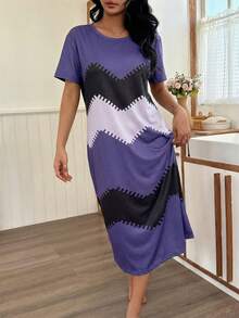 SHEIN Women's Digital Placement Wave Print Casual Short Sleeve Dress - Purple - View 3
