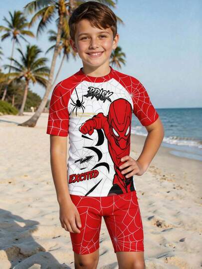 Bộ đồ bơi nam thiếu niên gồm áo thun ngắn tay cổ tròn dáng rộng và quần short, thích hợp cho mùa hè, họa tiết mạng nhện cổ điển, hình in mạng nhện, hình nhện hoạt hình anh hùng nhện ngầu, thích hợp cho lướt sóng, thích hợp cho kỳ nghỉ.