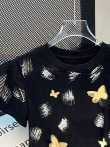 Resyla Women's Butterfly Print Round Neck Short Sleeve Casual Versatile T-Shirt - Black - View 3