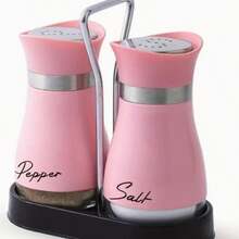 2pcs Pink Seasoning Shakers With Storage Rack, 8*4.5cm, Airtight Moisture-Proof Bottles For Salt, Pepper & Fine Grained Spices, Practical Kitchen Condiment Dispenser For Home Cooking & BBQ - Pink - View 2