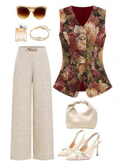 Ellevyn Women's V-Neck All-Over Print Metal Single-Breasted Casual Versatile Daily Wear Shirt Women's Summer Vest Shirt With Brocade Rose Metal Button Decoration, Women's Shirt, Regular Commute, Elegant, Versatile, Everyday Wear, Sleeveless Retro Contract Vest Shirt Summer Outfit For Womensummer Top  Floral Women's Top