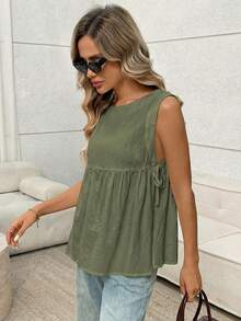 Rosumi Plus Size Women Solid Color Round Neck Side Tie Casual Loose Tank Top - Green - View 2