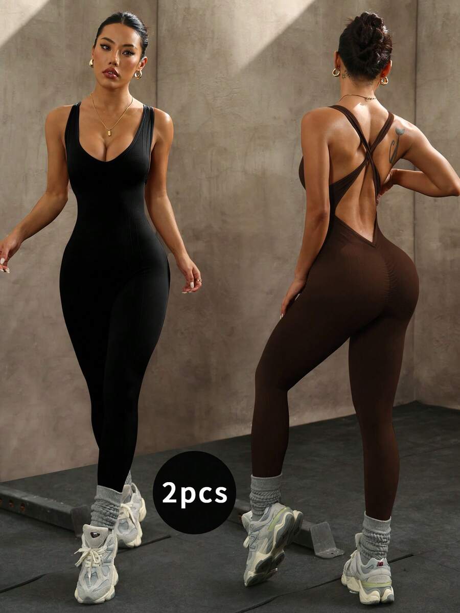 SHEIN Sports 2件組女款無縫深V領交叉扭轉露背運動背心與短版連身褲,黑色夏季性感健身瑜伽運動裝 - 彩色 - 查看 1