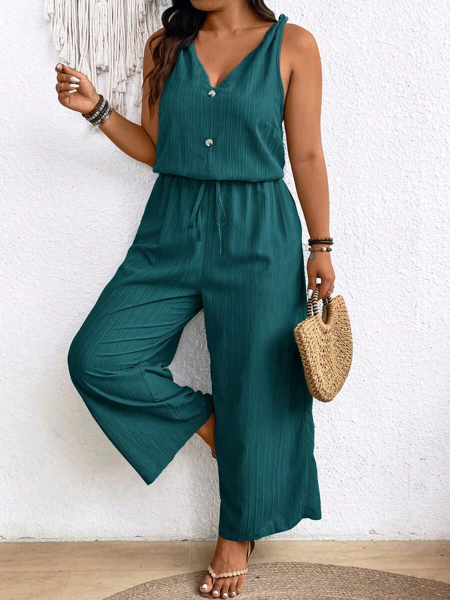 SHEIN Frenchy 大码大地色系绉纱吊带连体裤,蝴蝶结腰带和V领设计 - 藍色 - 查看 1