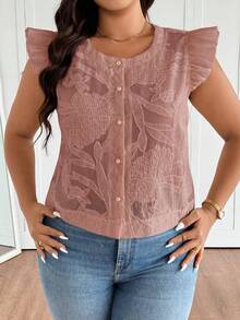 SHEIN Frenchy Áo kiểu dáng tối giản, màu trơn, tay ngắn, chất liệu vải dệt họa tiết, cổ tròn, cỡ lớn. - Hồng - Xem 1