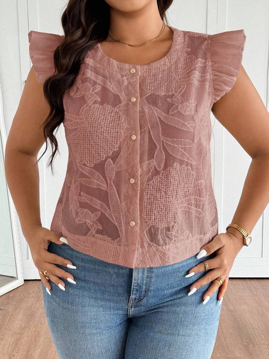 SHEIN Frenchy Áo kiểu dáng tối giản, màu trơn, tay ngắn, chất liệu vải dệt họa tiết, cổ tròn, cỡ lớn. - Hồng - Xem 1