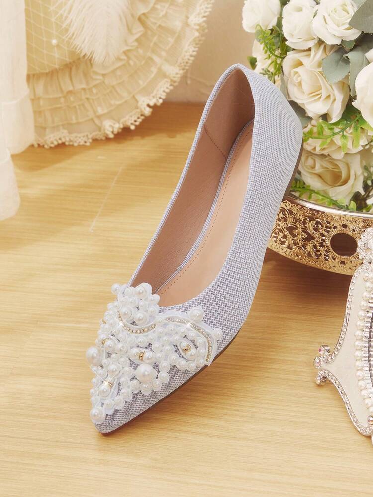 CUCCOO HITCHD Women Shoes25 Spring And Summer New Three-Dimensional Pearl Tip Romantic Elegance Temperament Flat Shoes Temperament Bridal Wedding Shoes Wear