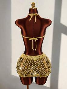 Amplova 女士露背吊带亮片流苏短款上衣和亮片刺绣金色迷你裙套装 - 金色 - 查看 4