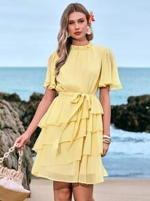 Amorya Women's Elegant Yellow Summer Chiffon A-Line Tiered Dress,Short Sleeve Flowy Tea Party Dress,Bohemian Beach Vacation Wedding Guest Holiday Outfits - Light Yellow - View 5
