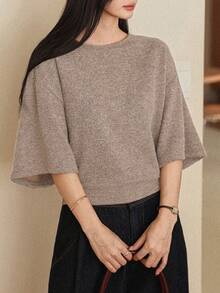 DAZY 女款休閒落肩短袖針織T恤夏季商務休閒女裝 - 卡其色 - 查看 3