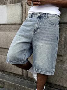 Manfinity EMRG Men's Street Fashion Casual Printed Shadow Blue Denim Shorts - Medium Wash - View 2