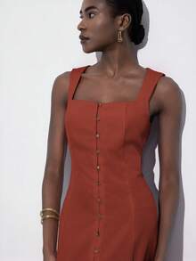 Aveloria Modichic Rust Brown,Summer,Effortless Chic,Brunch Square Neck Sleeveless Wide Strap Front Button Long Pink Dress,Linen-Like Flowing Skirt For Wedding - Brown - View 4