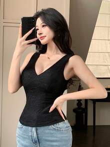 Joudiya Áo kiểu ren đen khoét họa tiết hoa mùa xuân hè, cổ chữ V, dây mảnh, ôm sát, thanh lịch dành cho nữ, thích hợp cho ngày Valentine và đám cưới. - màu đen - Xem 6