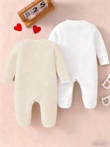 2pcs/Set "Love Mommy" Print Long Sleeve Newborn Baby Footie Rompers, Soft & Comfortable Fabric, Cute & Lively Look, Embracing Feeling Like Mom - Multicolor - View 2