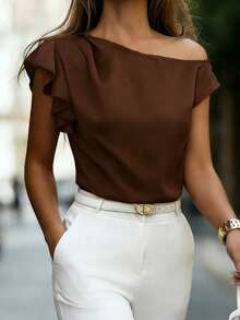 Ellegaria. Asymmetric Open Shoulder Top/Ruffle Trim + Single Shoulder Exposed Fashionable Elegant Sexy Blouse - Brown - View 1