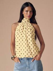 SHEIN BAE Áo croptop hở lưng cổ yếm chấm bi đen trắng gợi cảm, thích hợp cho các lễ hội âm nhạc, kỳ nghỉ. - Màu vàng - Xem 7