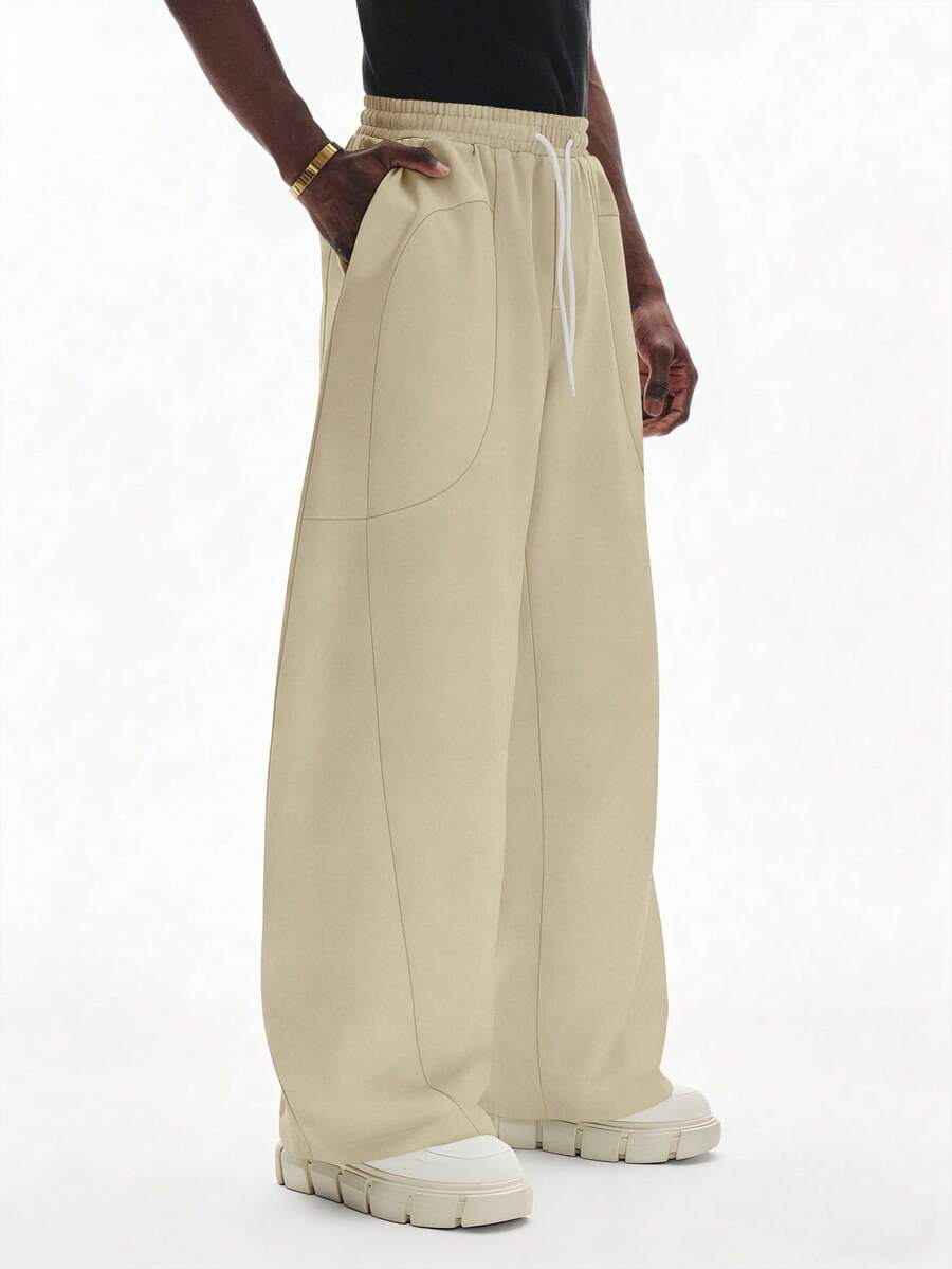 STYNVO Pantalones de chándal casuales de hombre de pierna ancha con cordón y unicolor - Caqui - Ver 1
