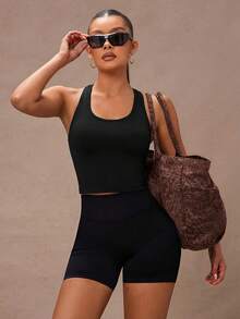 Lumalex Solid Racer Back Sports Tank Top Fitted Shirt - Black - View 7