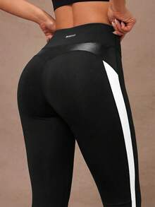 Lumalex Quần legging thể thao cạp cao màu tương phản dành cho nữ mặc hàng ngày - Đen và trắng - Xem 3