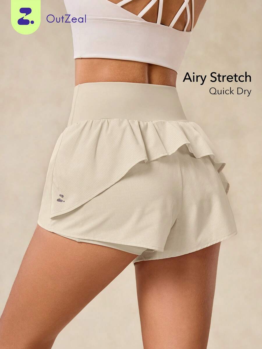 OutZeal Gym Shorts Women Sports Pink Shorts Solid Color Summer Spring Workout Breathable Stretch High Waist Built-In Shorts Ruffled Hem Design Active Bottoms - Apricot - View 1
