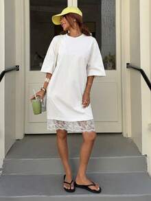 Muchica 女士夏季新款蕾丝拼接宽松短袖T恤迷你连衣裙 - 白色 - 查看 4