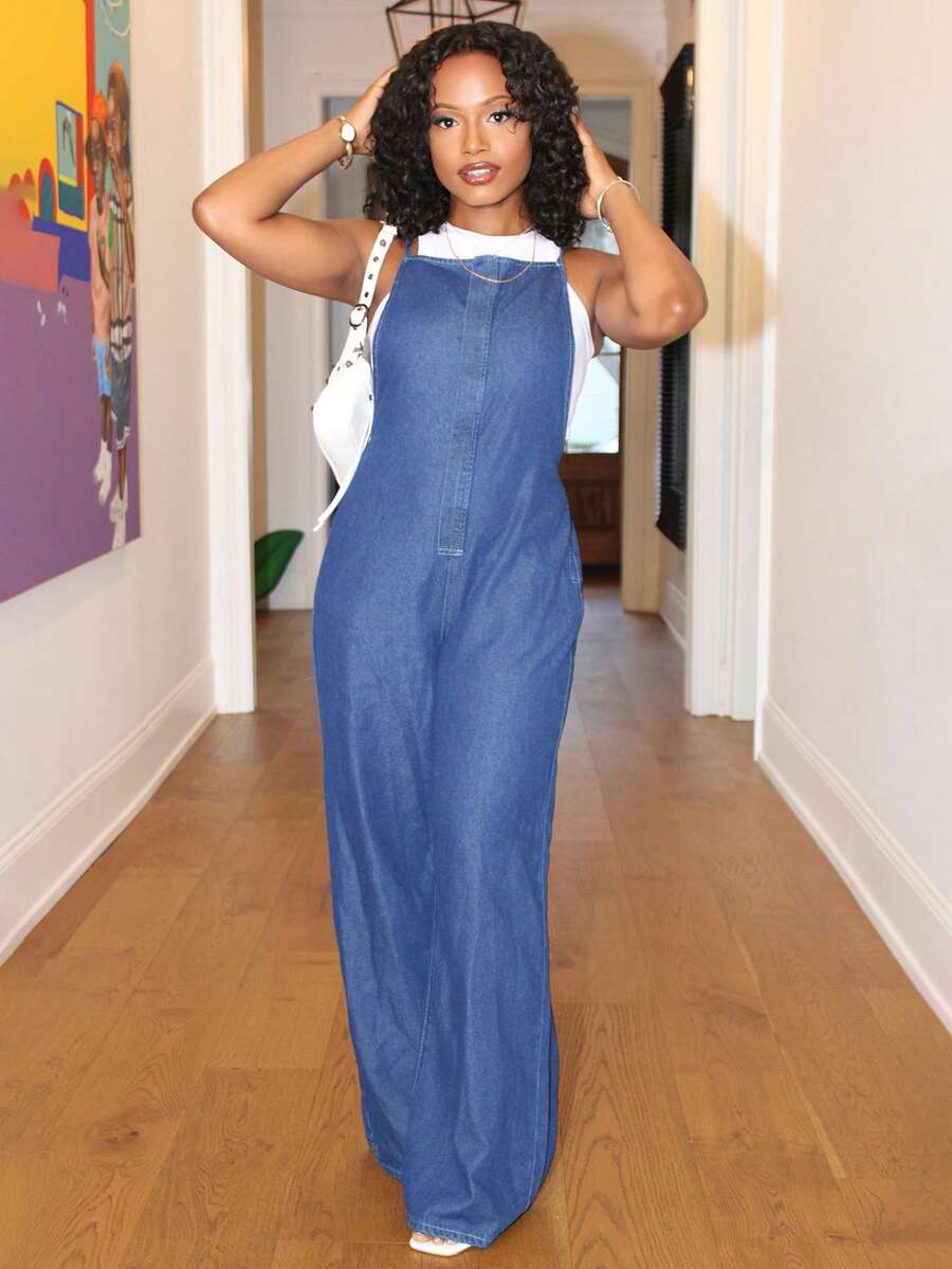 Steph T Mono vaquero de pierna ancha lavado casual para mujer - Azul lavado oscuro - Ver 1