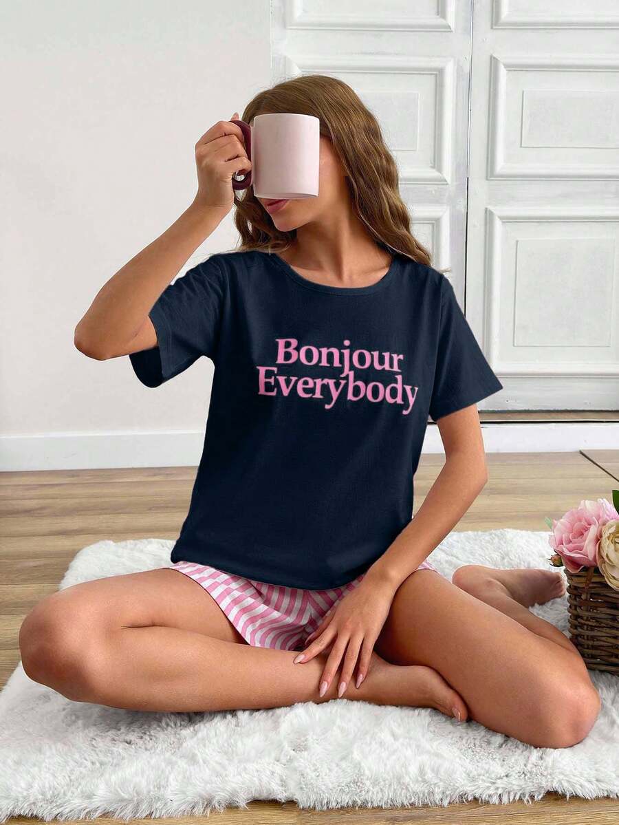 SHEIN Cottnline 2pcs/Set Women's Pure Cotton Printed Shorts And Slogan Print Top Loungewear Pajama Set - Navy Blue - View 1