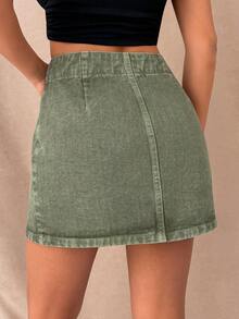 SHEIN 100% Cotton High Waist Regular Fit Denim Skirt - Green - View 2